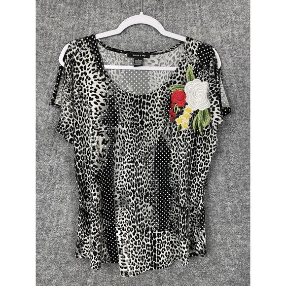 Adele & May Tops - Adele & May Top Sz L Animal Print White & Red Floral Embroidered Cold Shoulder